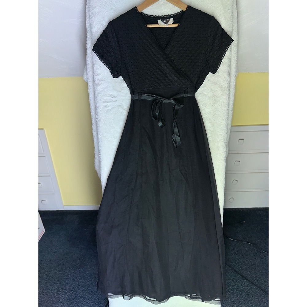 Vintage Black Sheer Overlay S Babydoll Dress V-neck Long Formal Prom Y2K 90s 80s